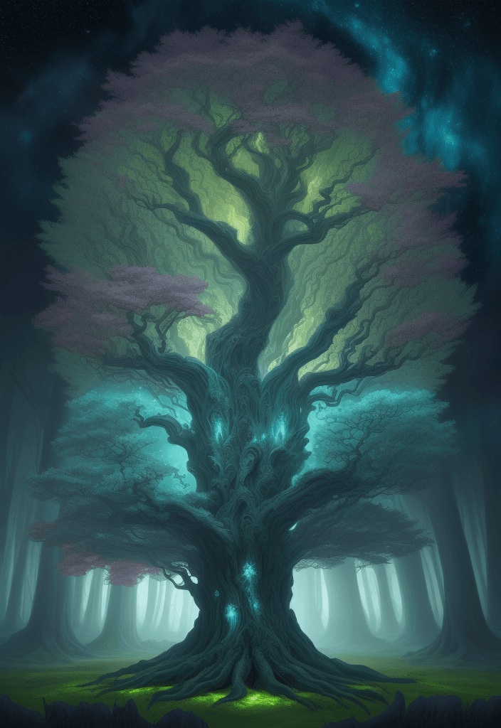 AI generated: bright painting of a tree with stars in the sky, in the style of dreamlike fantasy creatures, multil...