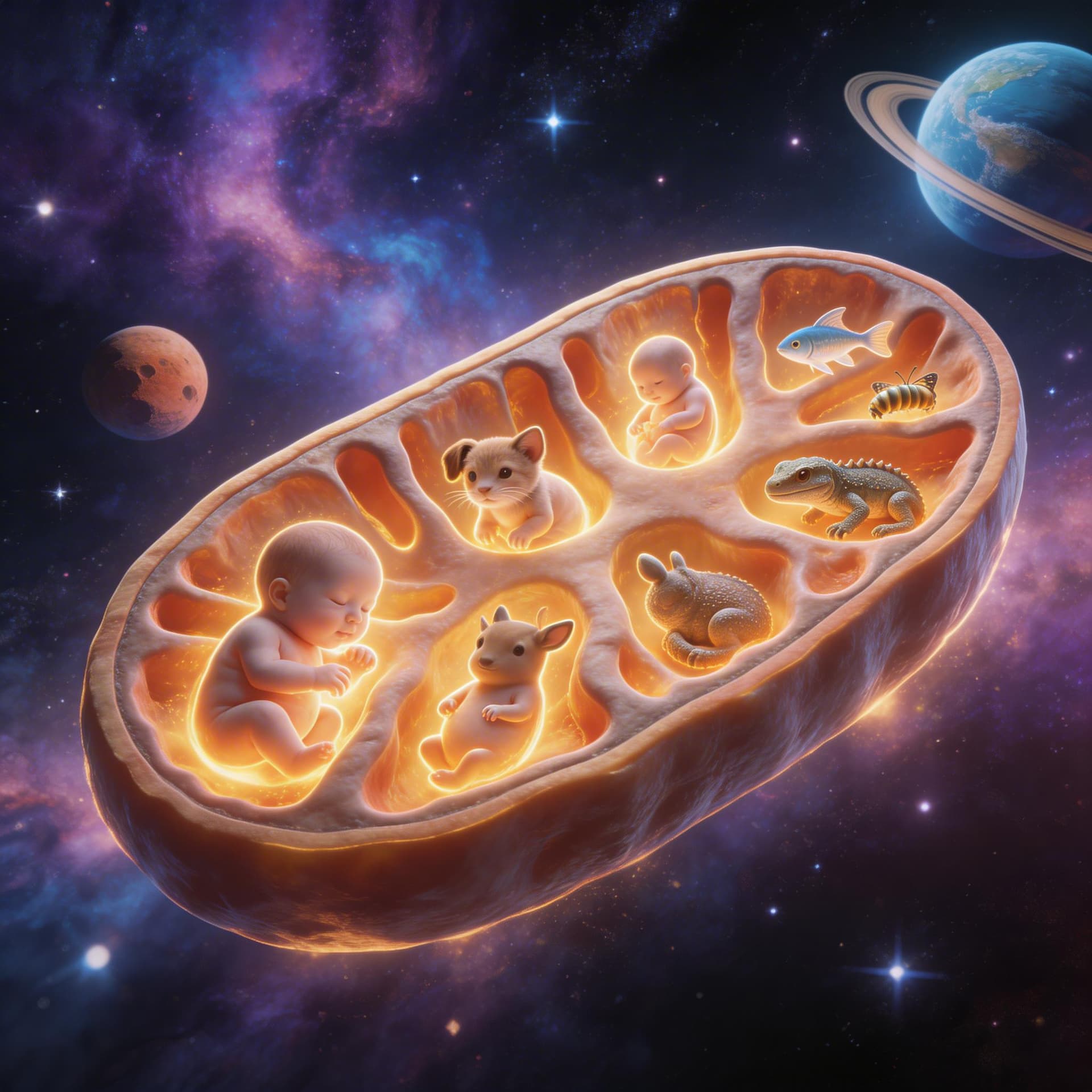 AI generated: mitochondria in the DNA pulsing through it in the form of young babies of all species of life on Ear...