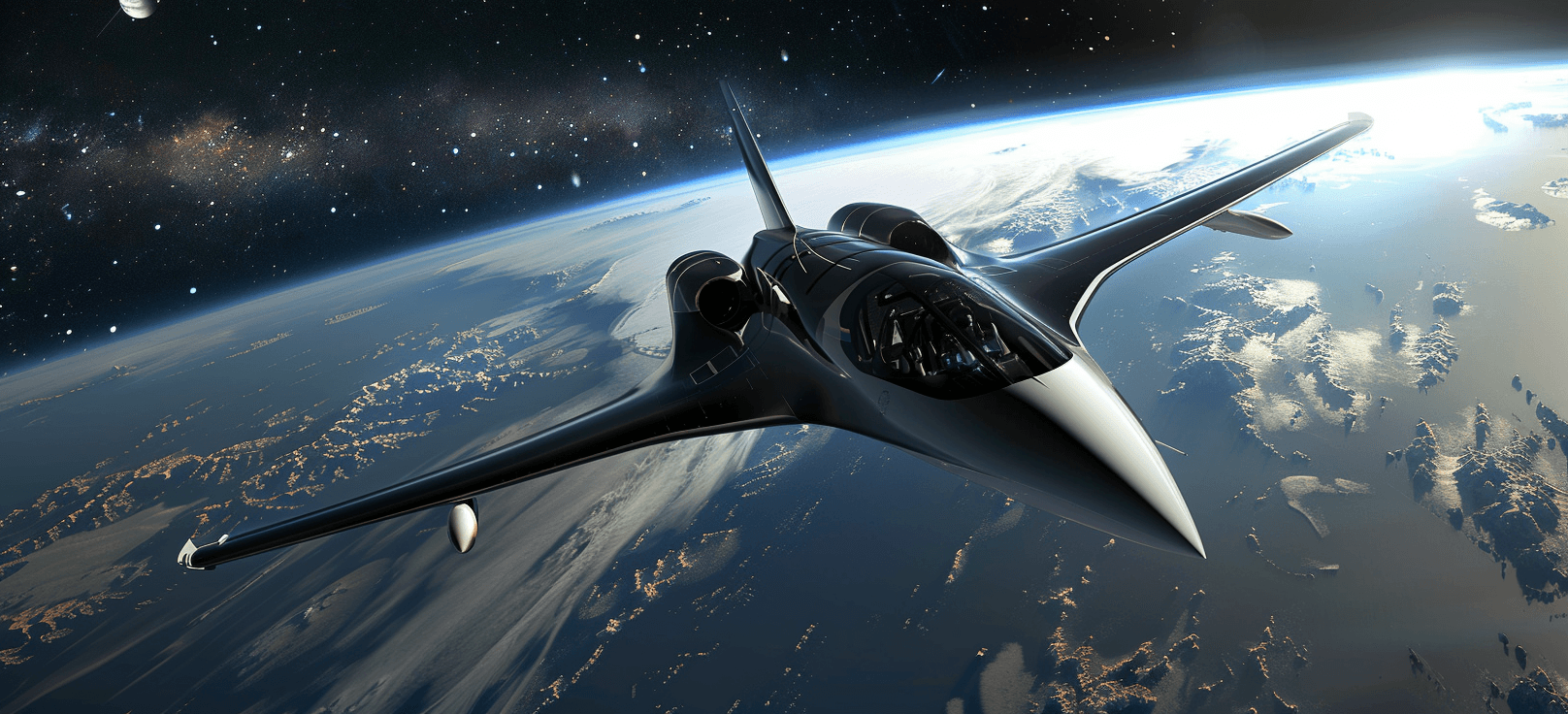 AI generated: F20 Aardvark jet in space, sleek and streamlined with black wings and white body, flying above Earth...