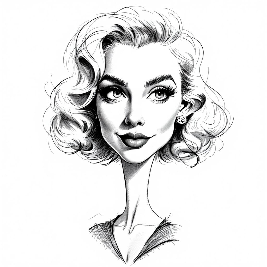 AI generated: Generate a detailed caricature sketch of a celebrated 1950s-style actress with iconic features, char...