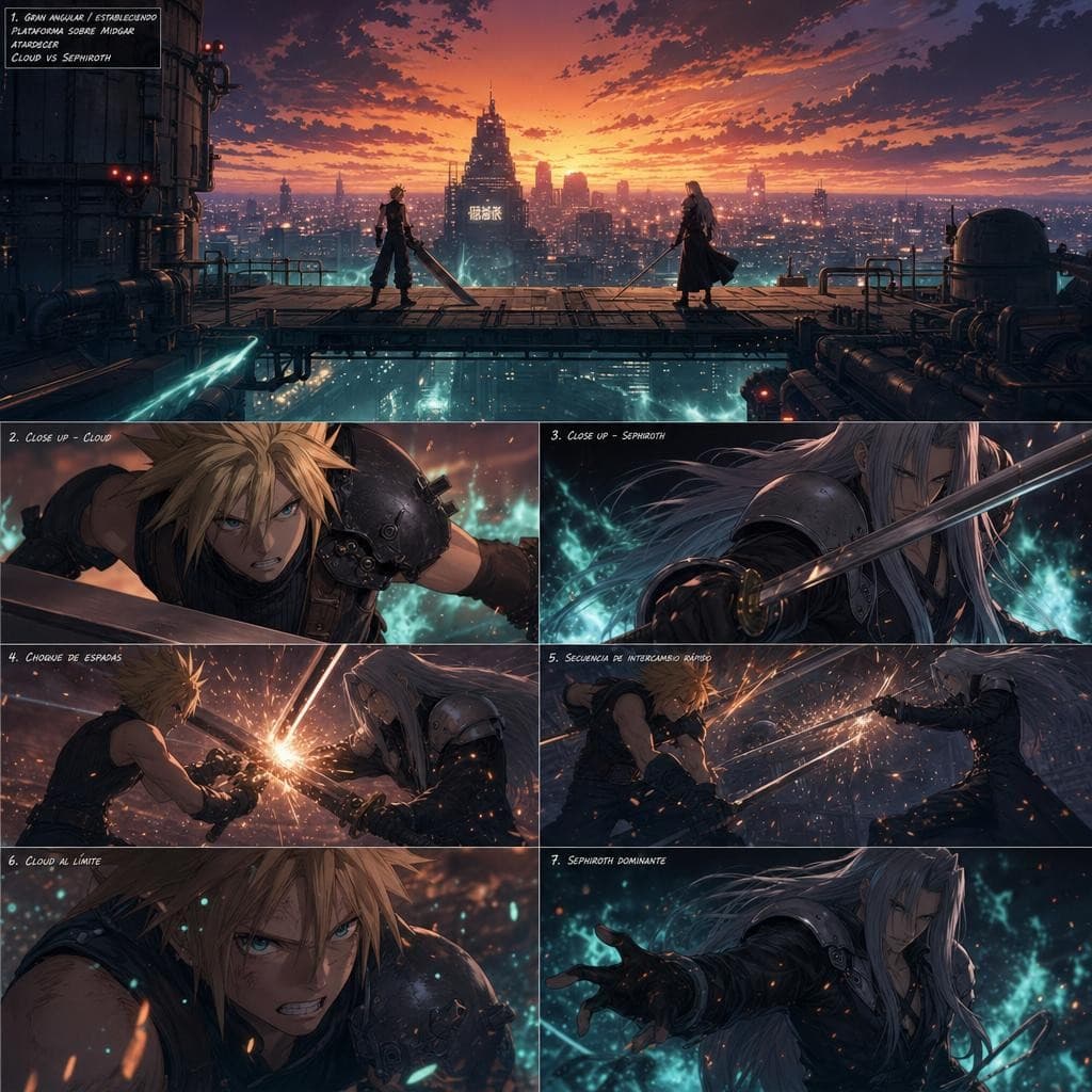 AI generated: Una intensa batalla de espadas entre Cloud Strife y Sephiroth de Final Fantasy VII: Cloud se enfrent...