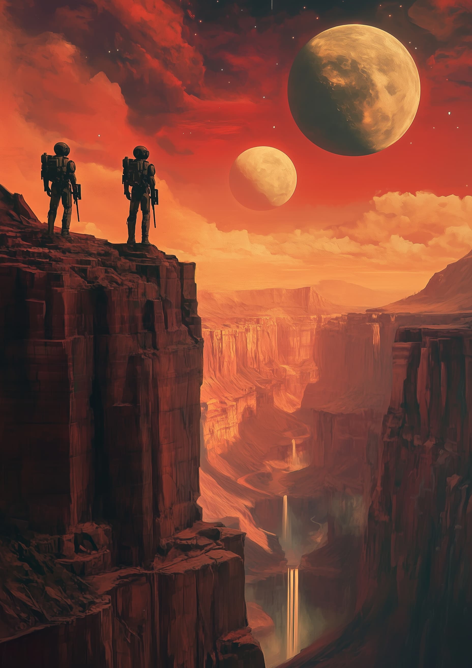 AI generated: Two robot soldiers stand on the edge of an alien canyon, watching as their spaceship rises towards t...