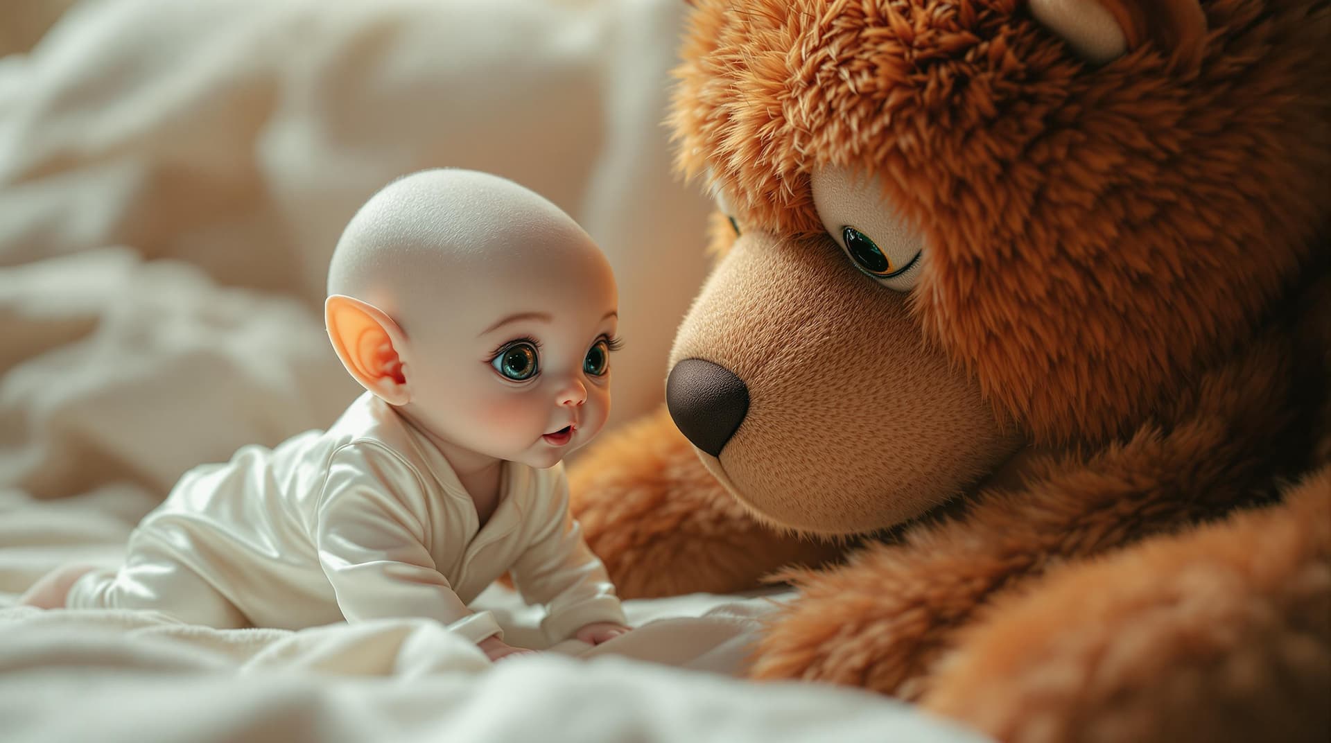 AI generated:  a beautiful and (cute alien baby ) with topaz color eyes,pointed ears, wearing a silk white adorabl...