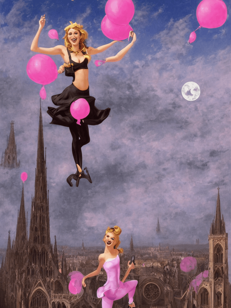 AI generated: full body, girl, woman, flying clown, pin-up, crowded city background, kind smile, happy, generous, ...