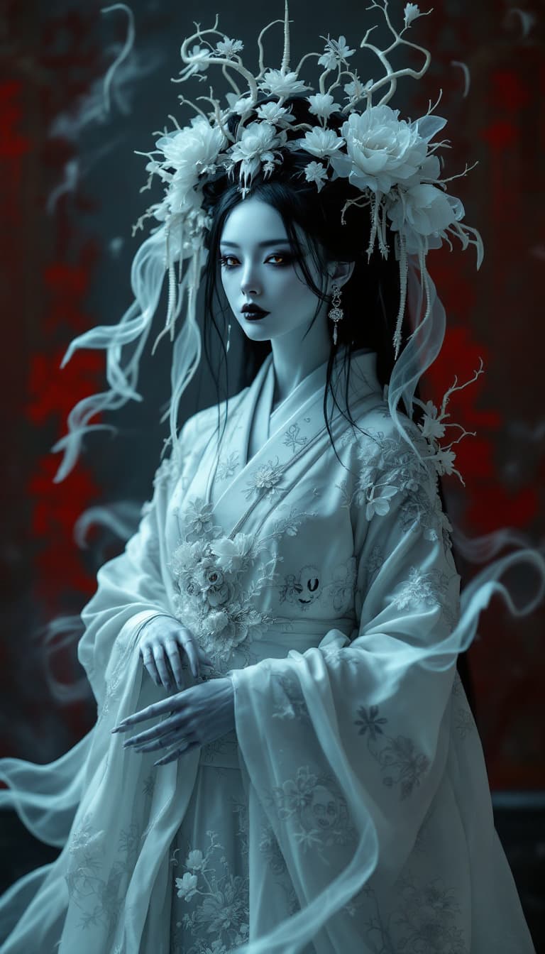 AI generated: An ultra-realistic, full-body static portrait of a spectral geisha woman, radiating an eerie serenit...