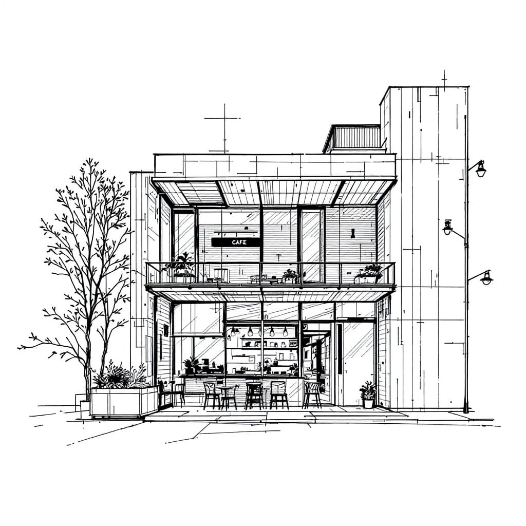 AI generated: architectural sketch, central composition, bauhaus style, two story contemporary cafe facade design,...