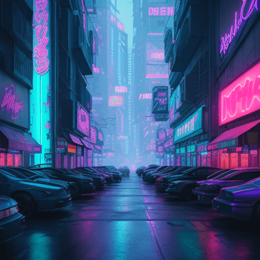 AI generated: view of a city street with neon lights and neon signs, cinematic neon matte painting, dreamy colorfu...
