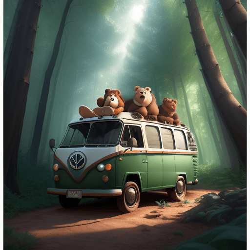 AI generated: Pixar disney poster 4k with van vanagon into the woods with men long bear