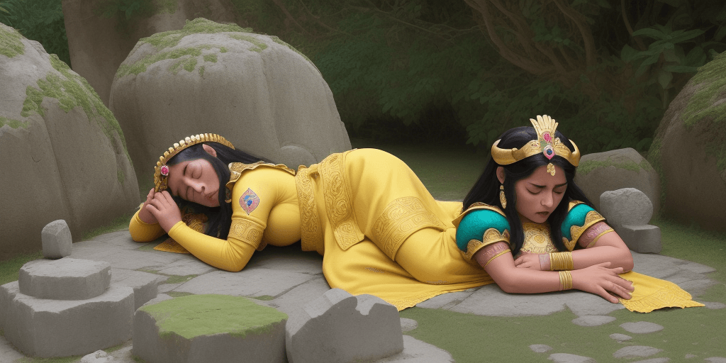 AI generated: princesa azteca hermosa durmiendo boca arriba sobre rocas