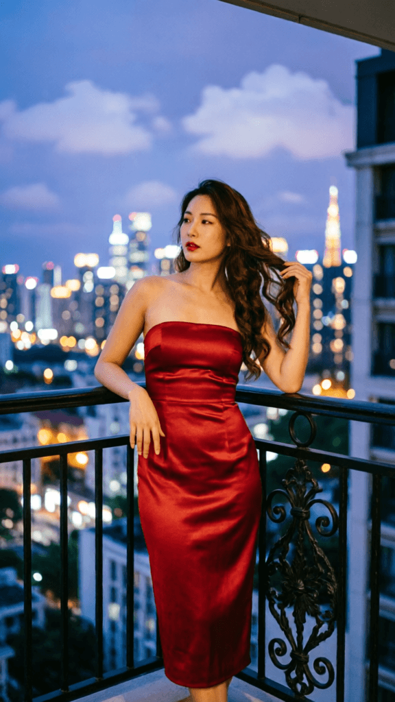 AI generated: A woman with long, wavy blonde hair stands on a balcony at night, wearing a form-fitting, strapless ...