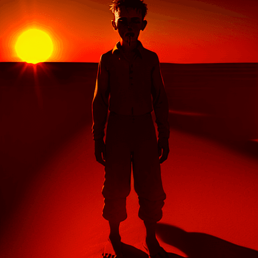 AI generated: Realust Photo, a thirsty boy on the desert sand, fear on his face, landscape deserts, sun, hiper rea...