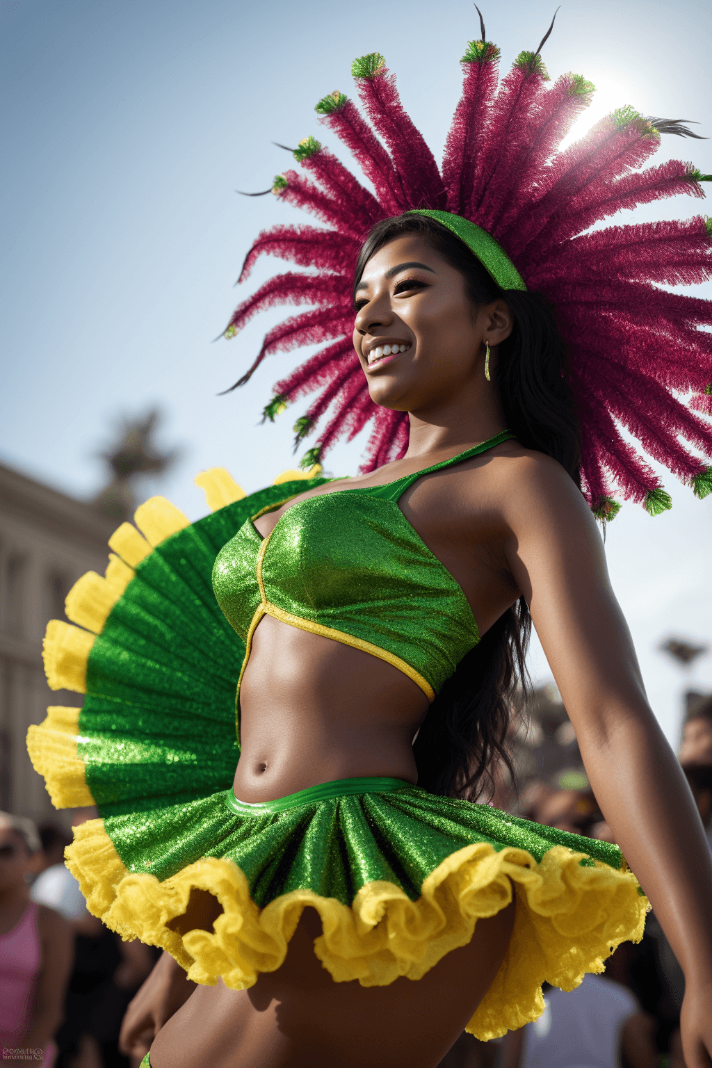 AI generated: crowds of people at Brazilian Carneval, dramatic shadows, rim lighting, Latina female 26yo, carnival...