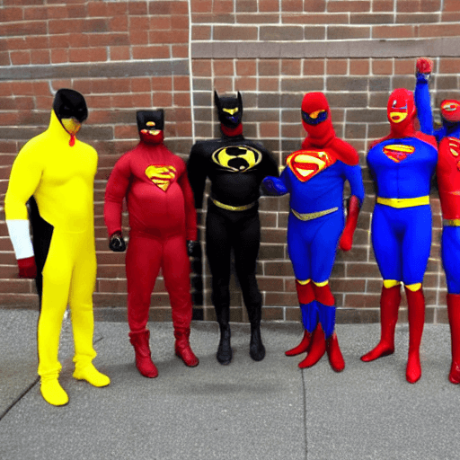 AI generated: 5 black man in different superhero costumes, one in a red and blue  superman suit superhero,the othe...
