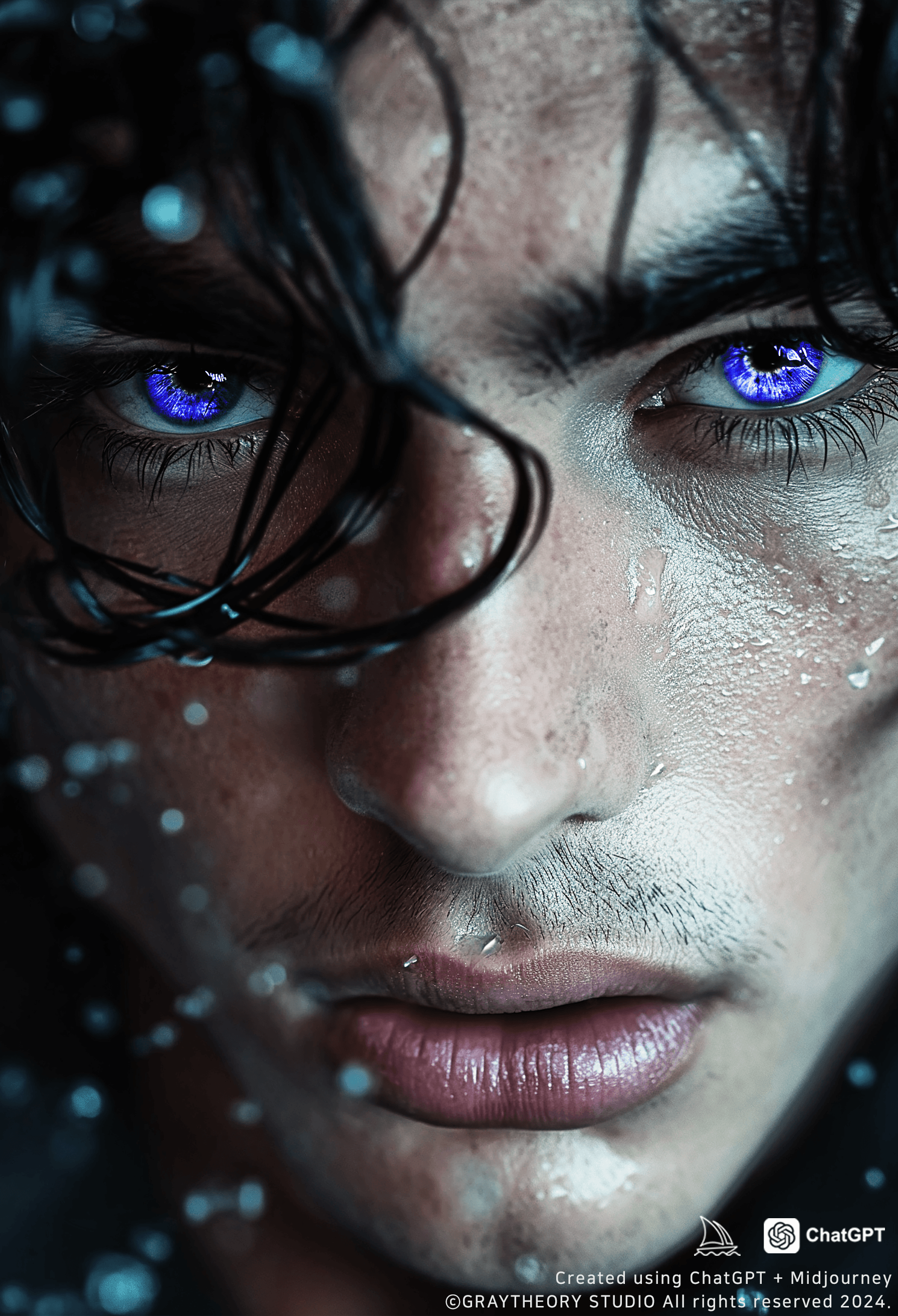 AI generated: photo featuring a male, jet black hair, using a 200mm f/4.0 lens, with dark gray and blue optical ef...