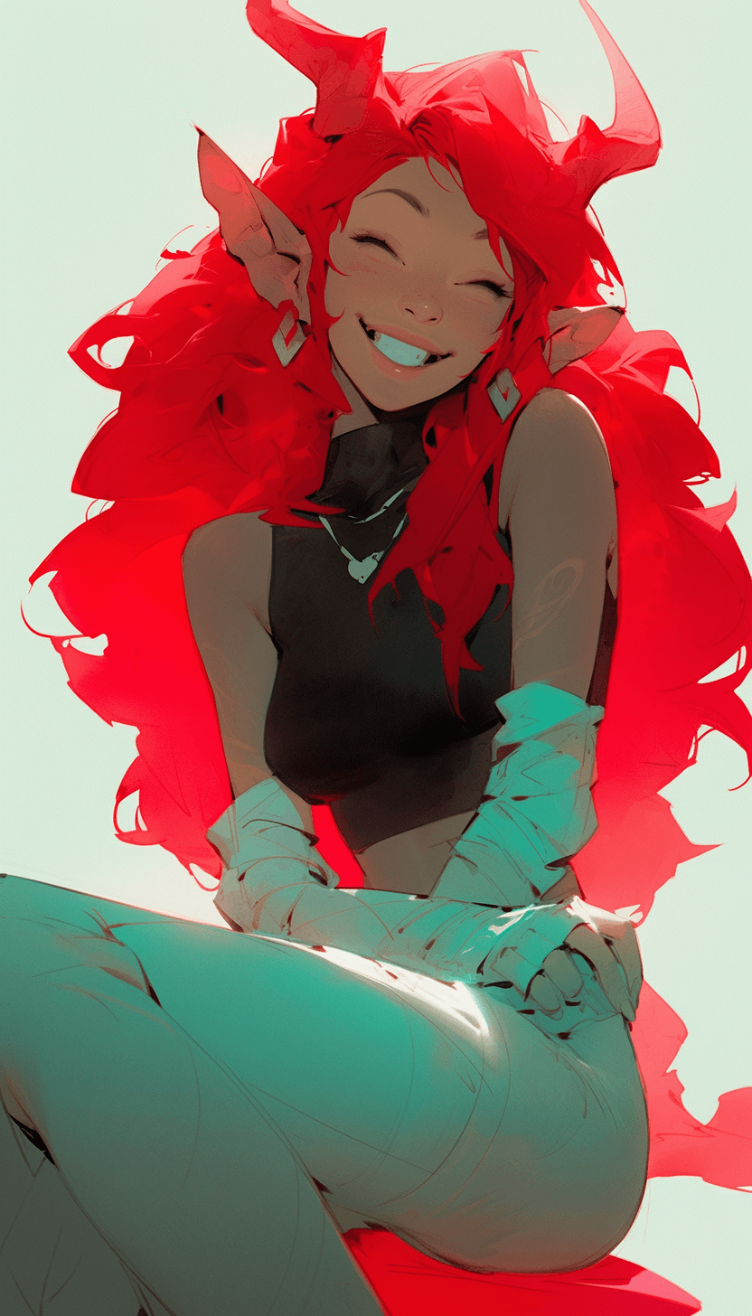 AI generated: a woman sitting on a couch smiling at viewer, laughing, happy, by Ross Tran, fantasy art, red neon, ...