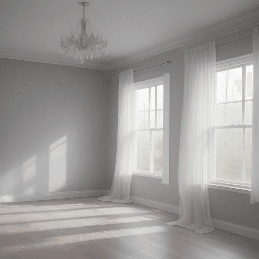 AI generated: an empty room with clearglass windows with thin sheer curtains and Berry Alloc Grey Wash Oak floor, ...
