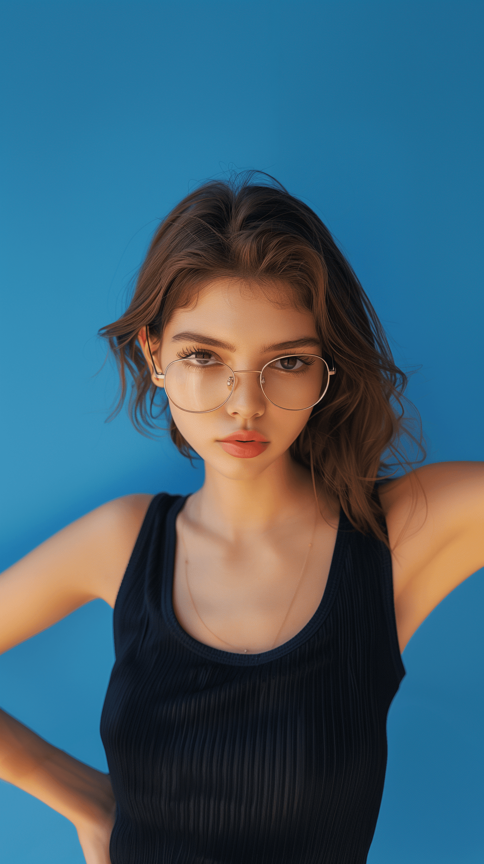 AI generated: photograph, upper-body, young woman model, minimalist fashion, neat light brown hair, gaze, silver g...
