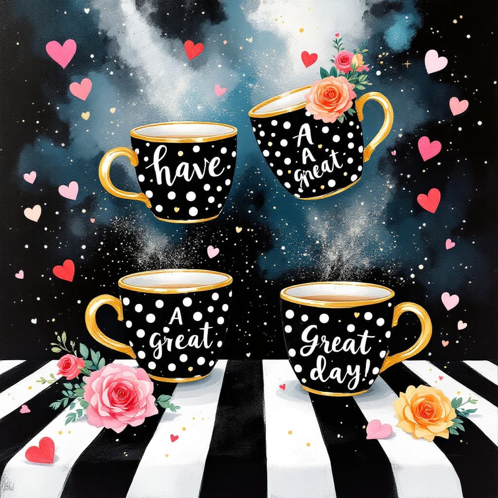 AI generated: A whimsical and enchanting illustration featuring four gold-rimmed black polka dot felt mugs, each d...