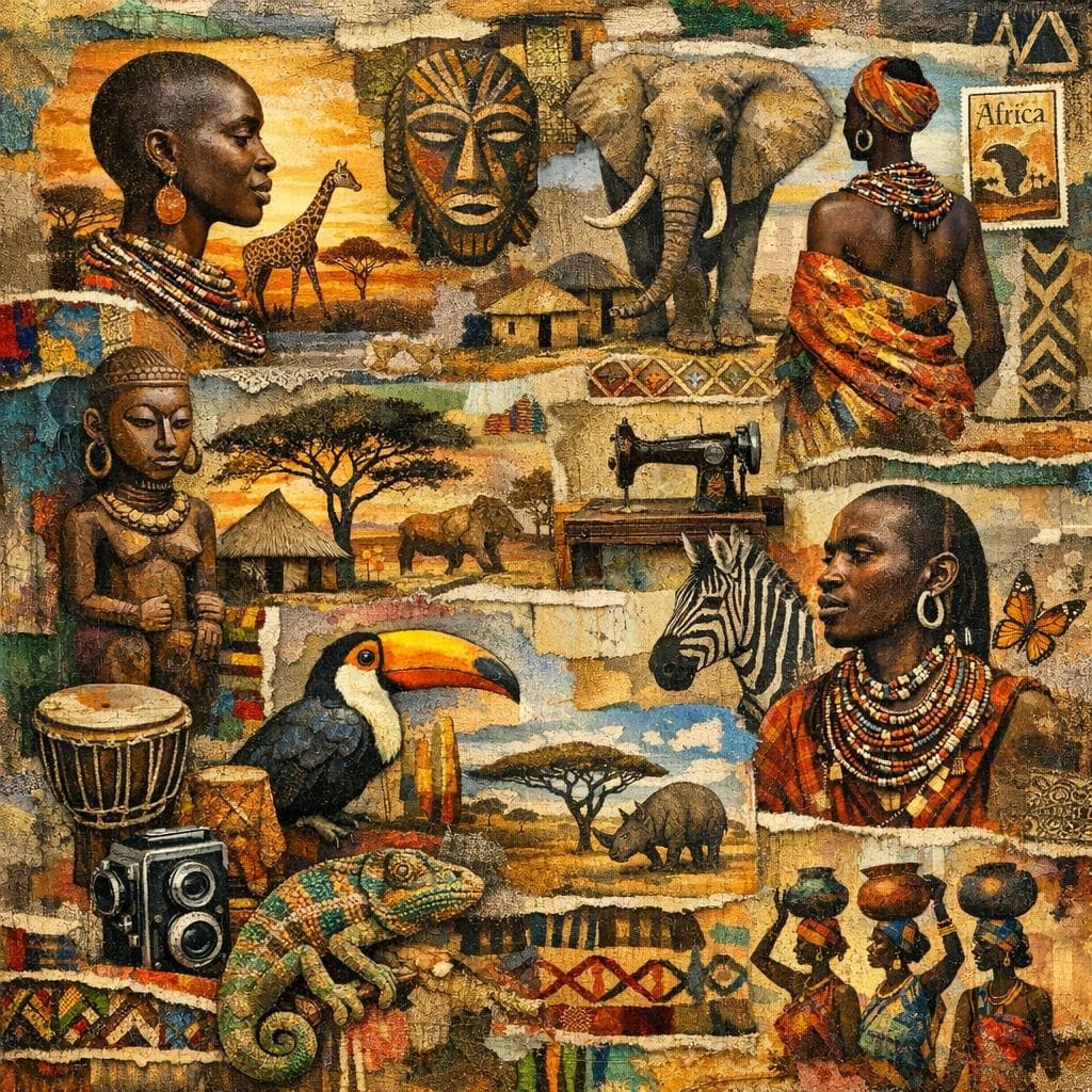 AI generated: African Collage of different images and textures, mixed media style, eclectic atmosphere