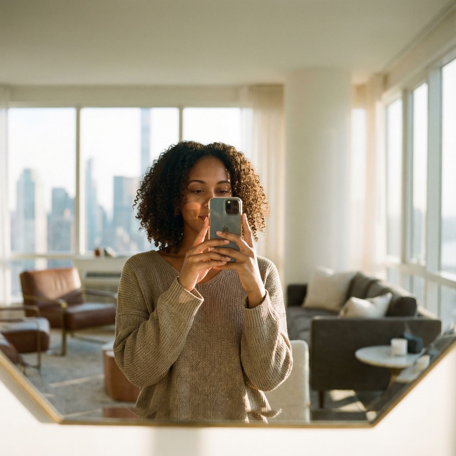 AI generated: a photo, natural light, brown skin woman, in a luxury aparatment, using a phone taking a mirror self...
