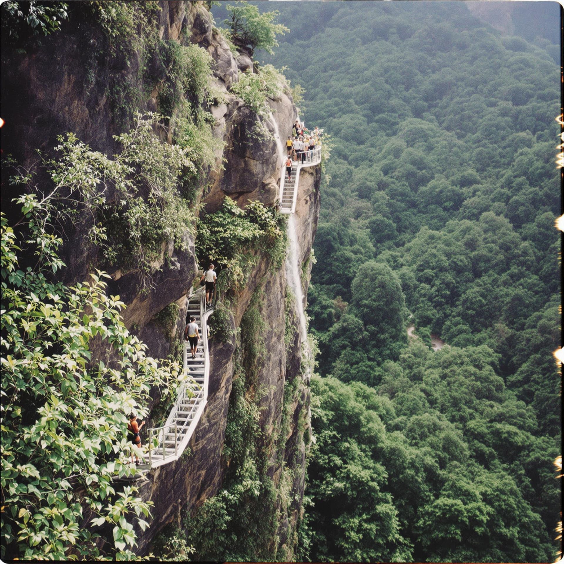 AI generated: madeira hiking, team building retreat, corporate retreat, cliff scenario, lush forest, polaroid, gra...
