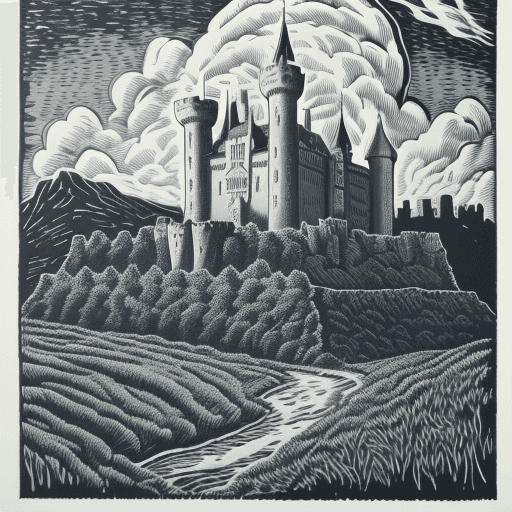 AI generated: linocut of a castle in a landscape