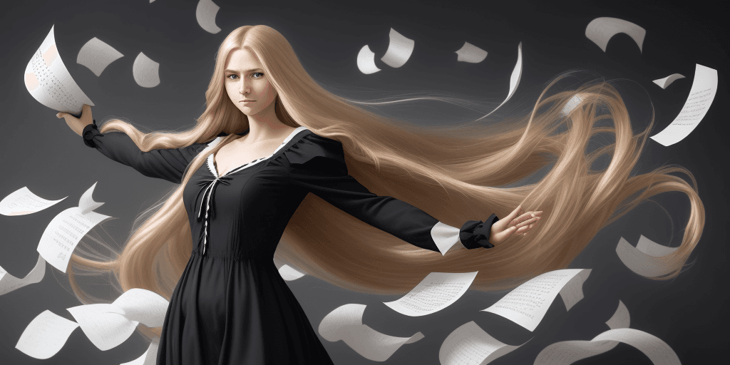 AI generated: an English teacher girl in a black dress with long blond flowing hair stands with his arms crossed, ...
