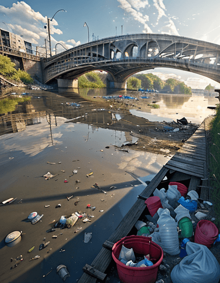 AI generated: big river with garbage pollution in it, without bridge 8k, intricate detail, photorealistic, realist...