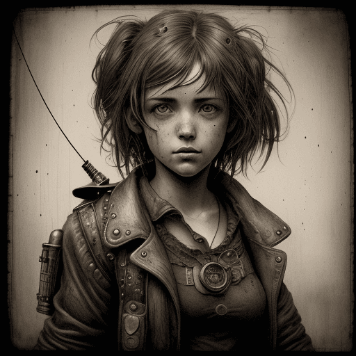 AI generated: illustration, a cute steampunk homeless girl, she smells like mop water, cover in acid rain, gritty,...