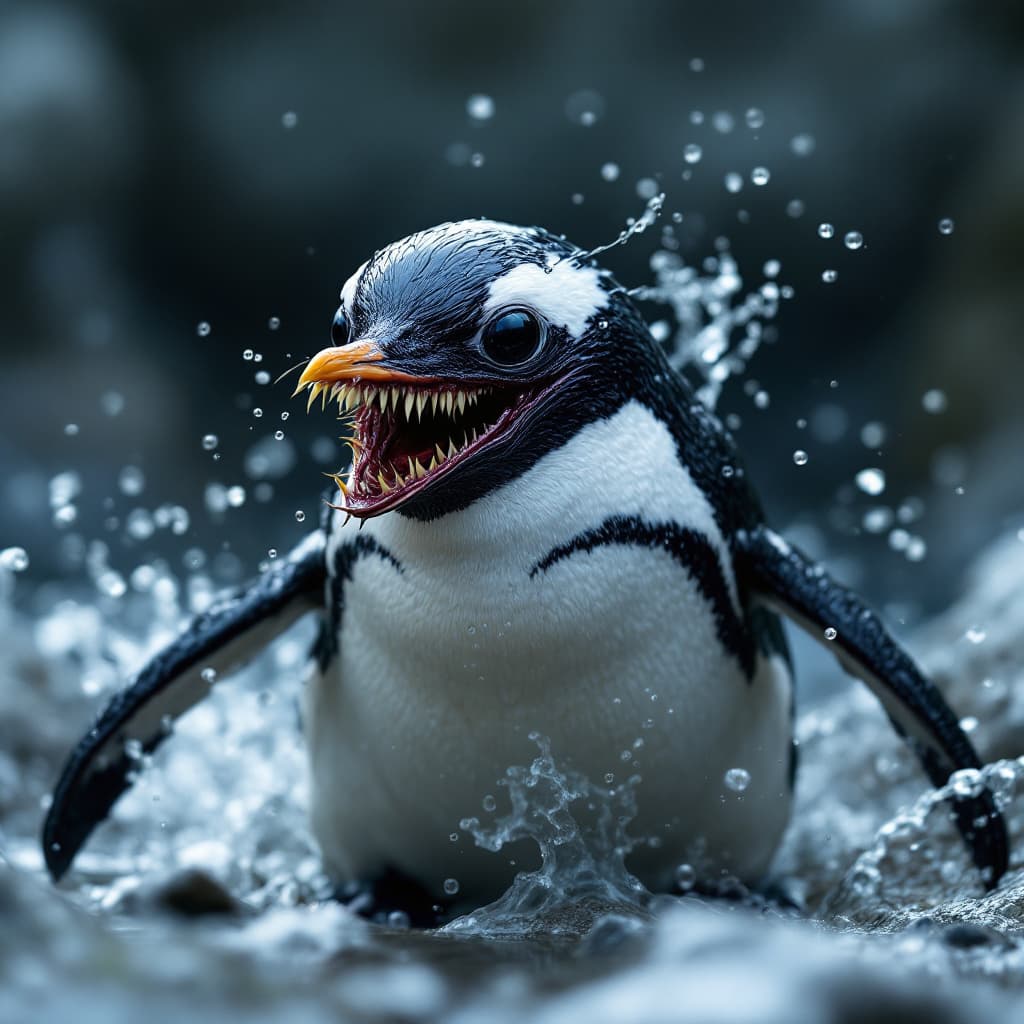 AI generated: a gentoo penguin taken as host by Venom the symbiote, realistic, hd texture, escaping from a predato...
