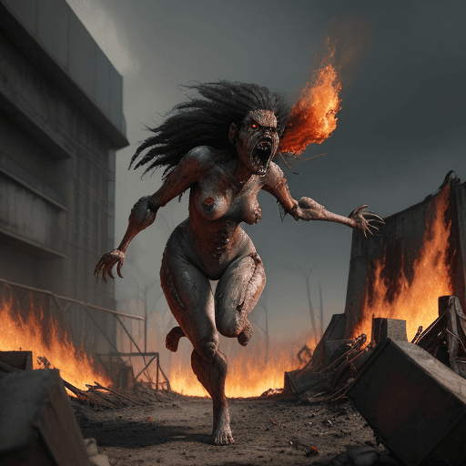 AI generated: A mutant hostile woman screaming, fire everywhere, wailing, one arm was broken in half, internal org...