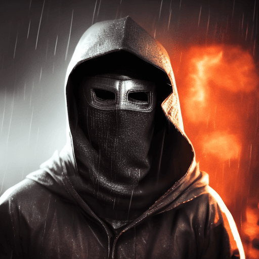 AI generated: masked man, dark torn hood, dark rainy foggy night, intricate dark and chrome damaged armor, smoke a...