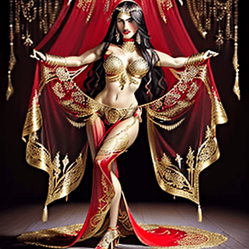AI generated: a high-resolution portrait of a beautiful 25 year old belly dancer wearing exquisite flowing red sil...