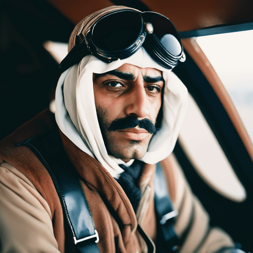 AI generated: A powerful image of an Arab pilot in winter, with an enigmatic expression and a cinematic haze, shot...