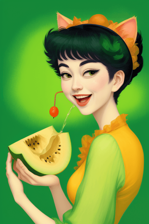 AI generated: cat hold a  cantaloupe juice,  cantaloupe fruits, laughing, funny and commercial. light green backgr...