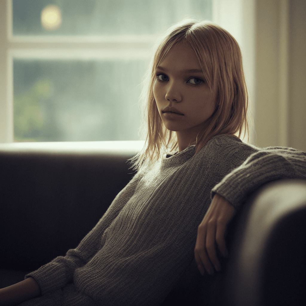 AI generated: photo of indoor , a girl sasha luss sitting on a couch, dreamy depth of field, abnormal huge bokeh,h...