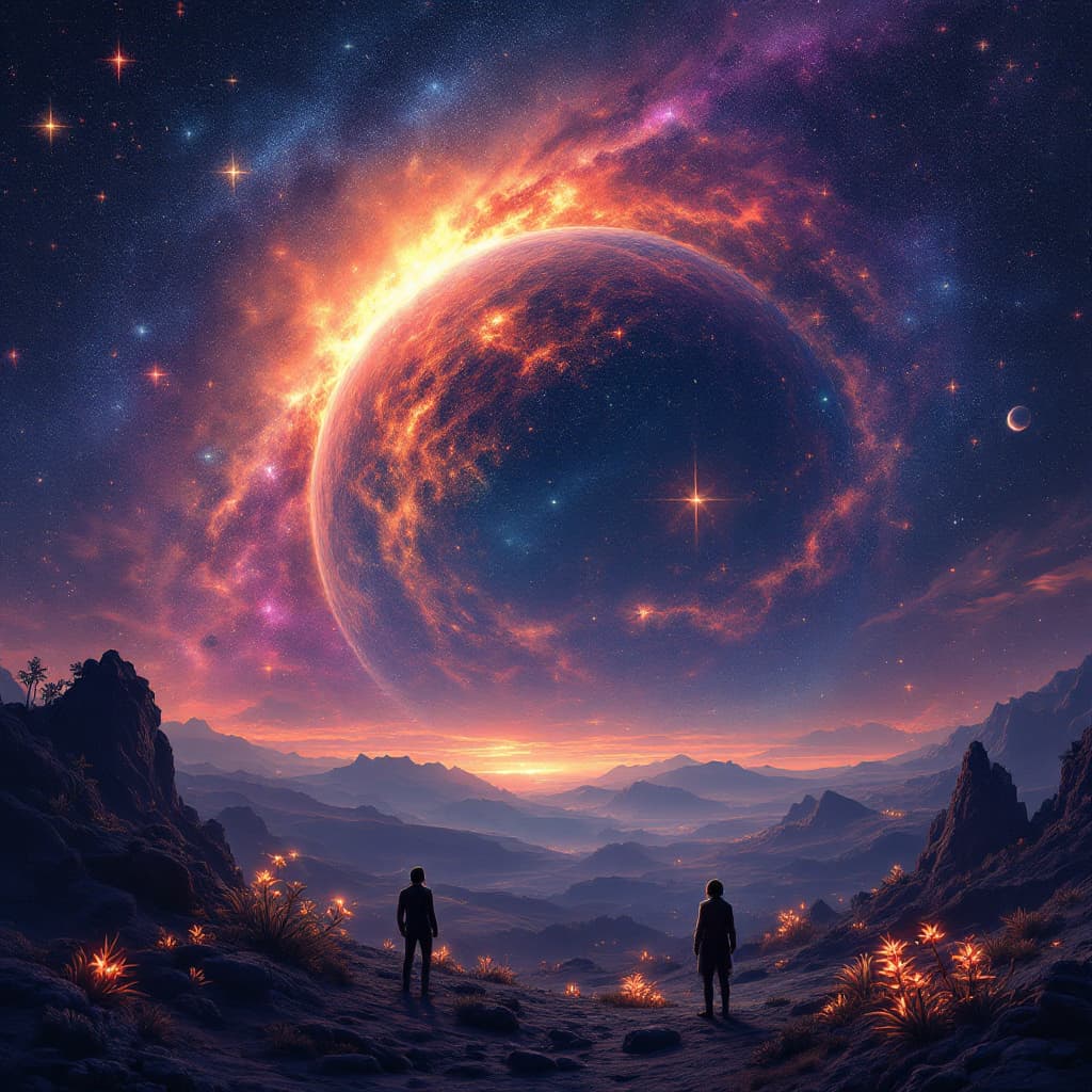 AI generated: A starry alien planet, glowing plants and two figures silhouetted against a massive, looming galaxy.