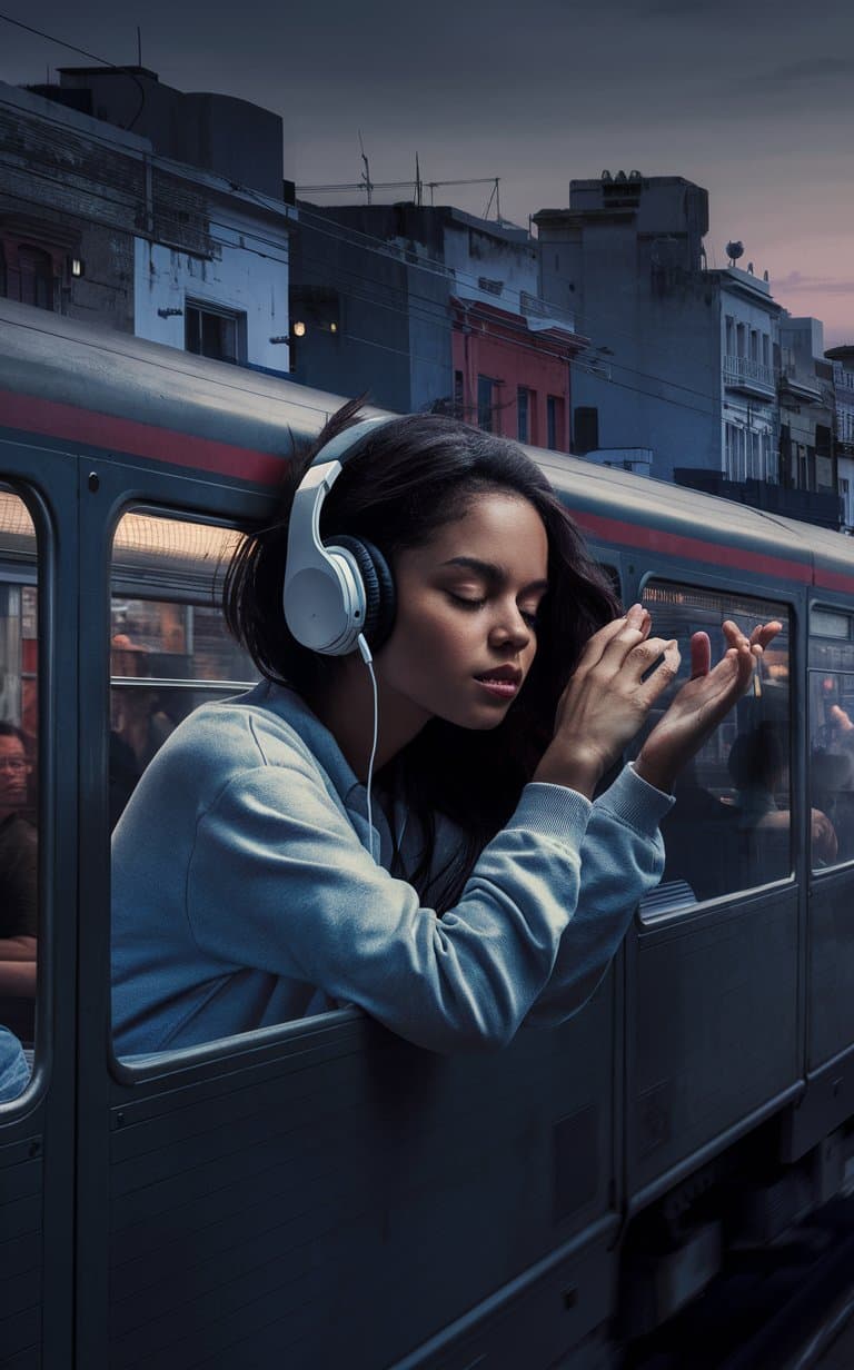 AI generated: immerse herself in music on a train ride