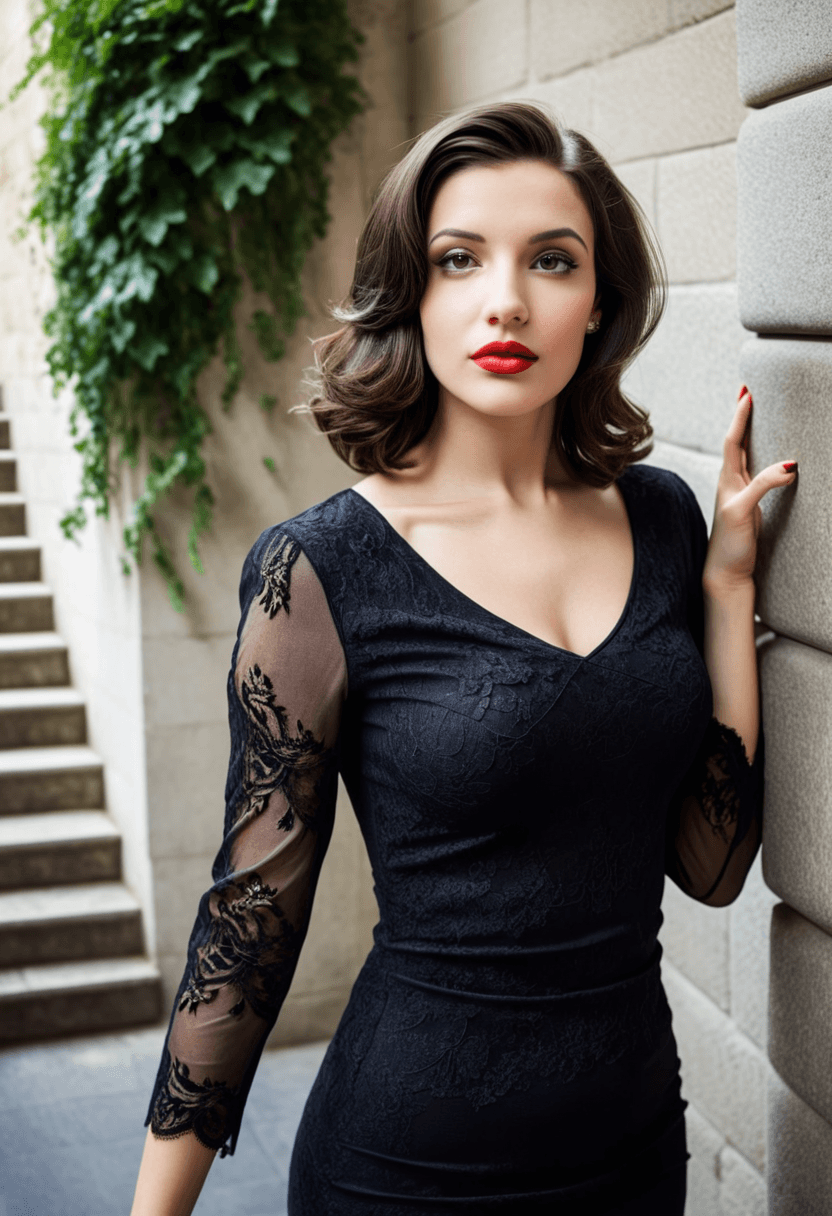 AI generated: analog film photo flirty gorgeous woman, posing for the camera, shoulder length brunette hair, light...