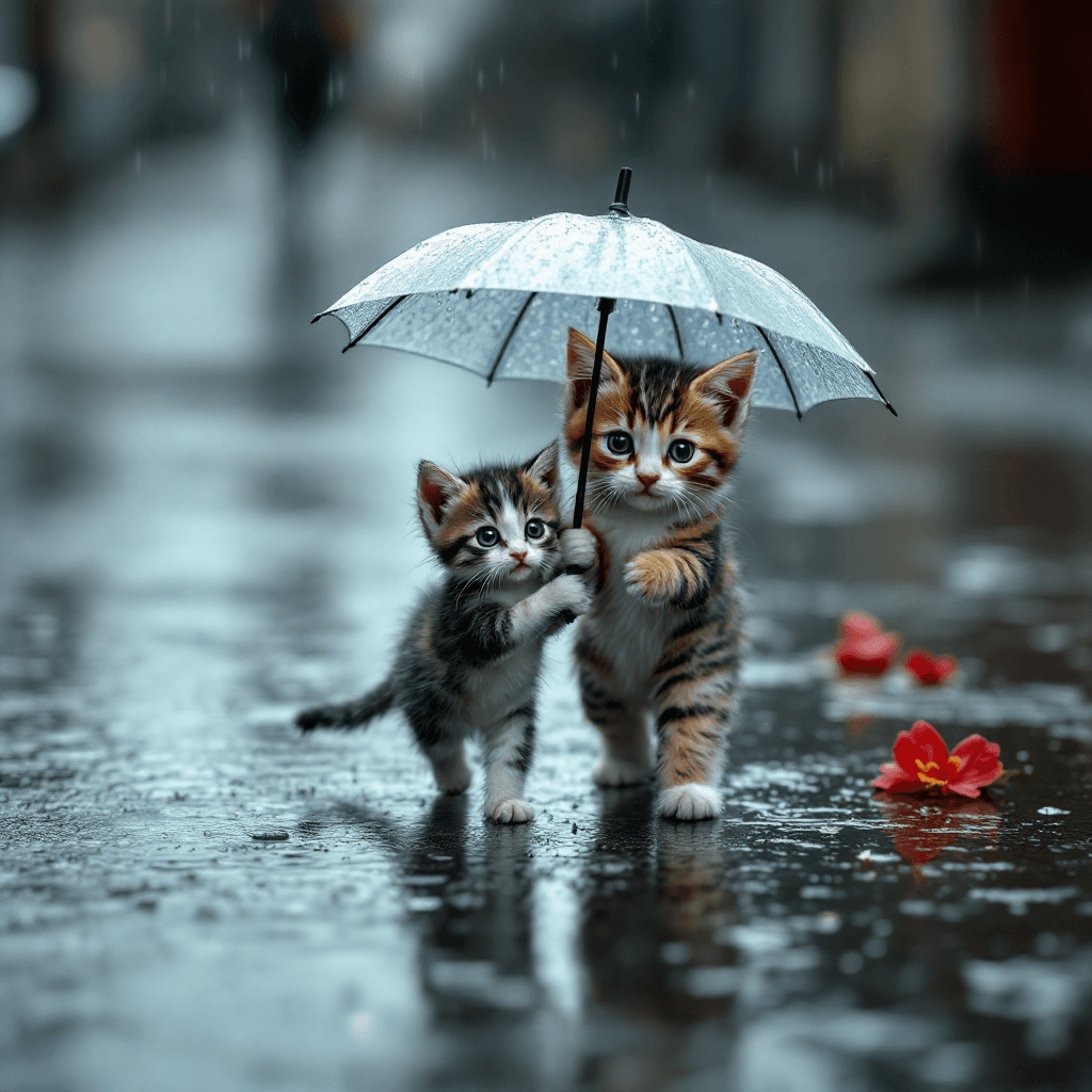 AI generated: A small, black-and-white spotted kitten walks alone in the rain, its fragile body drenched as water ...