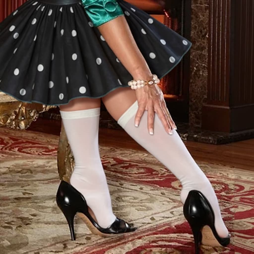 AI generated: Put the stockings in image 2 to polka dress girl in image 1