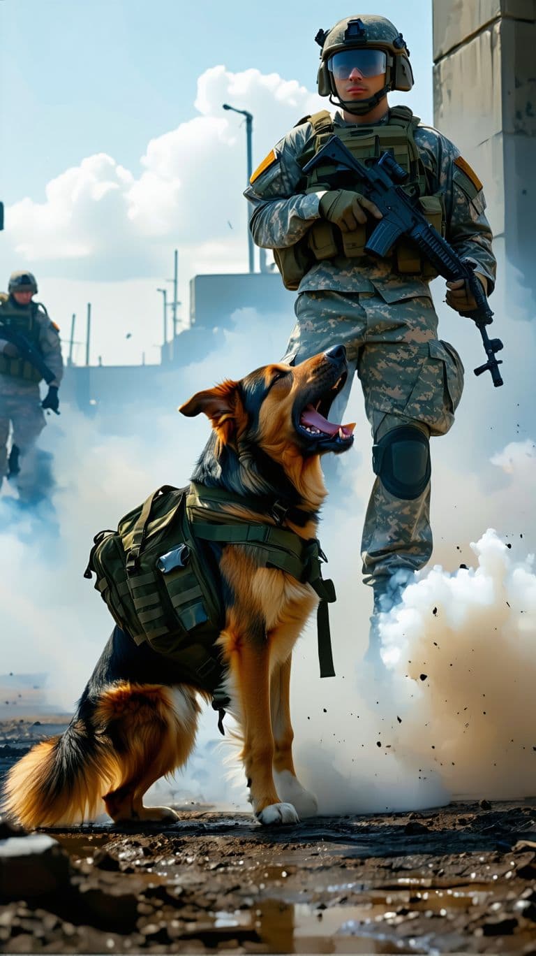 AI generated: a stray dog in army gear barks on a soldier's leg, the soldier screams, clouds of smoke around, phot...