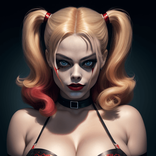AI generated: Photo of Margot Robbie as Harley Quinn, big boobs cleavage, Ultra detailed, perfect face, Perfect Qu...