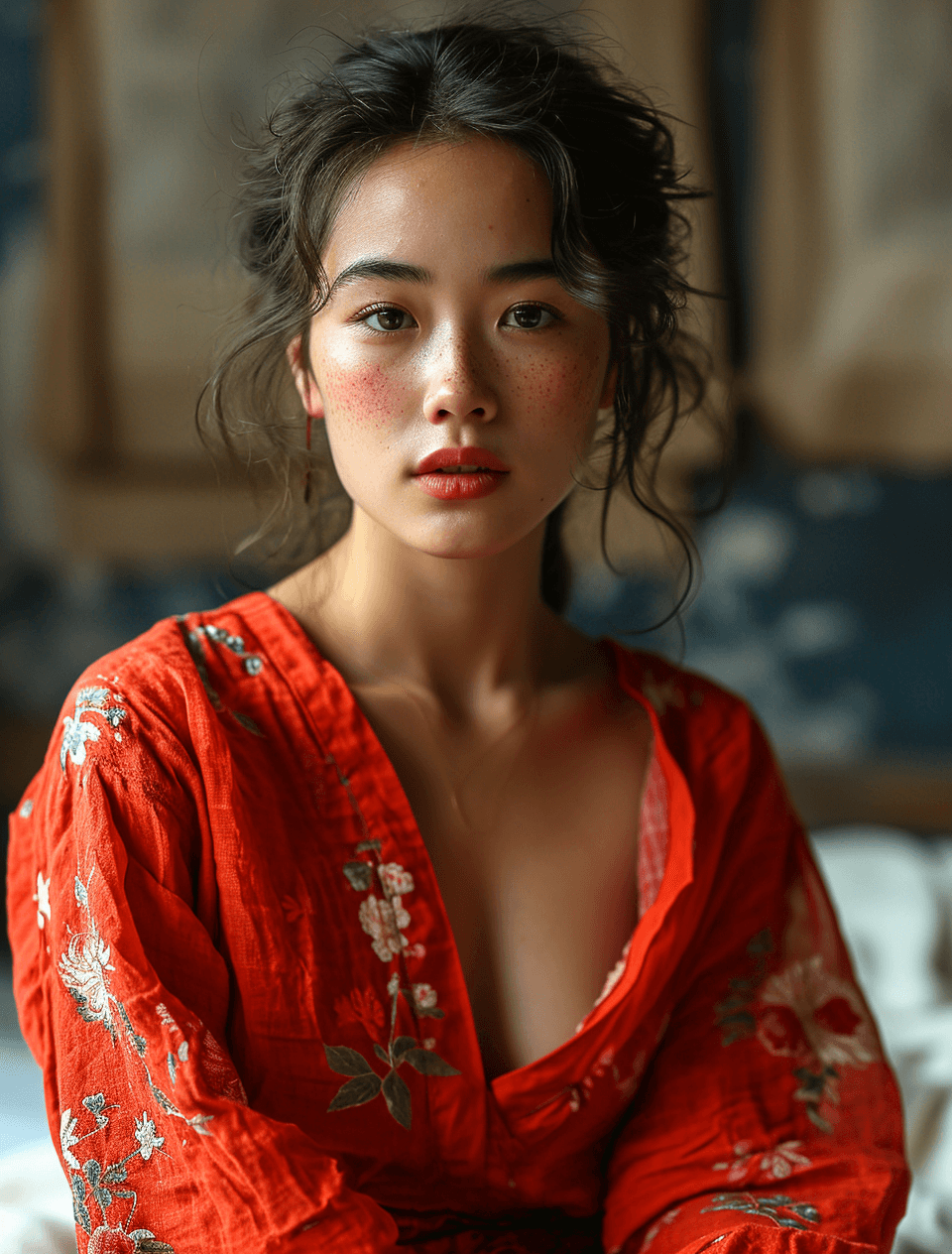 AI generated: a woman sitting on a bed wearing a red shirt and top, in the style of asian-inspired, fine lines, de...