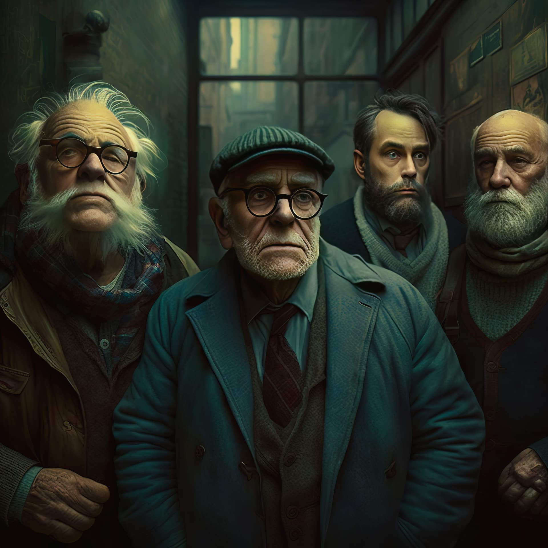 AI generated: a group portrait of 5 dysfunctional:: old grumpy men:: , all wearing gloves, hyperrealistic, cinemat...