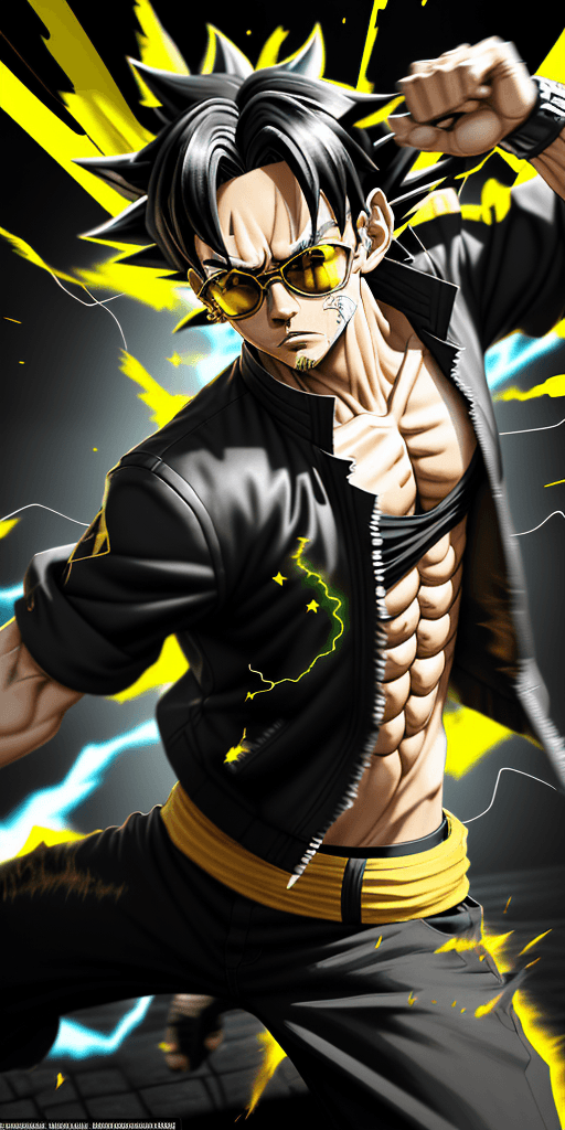 AI generated: painterly style, male character wearing black cap, black jacket and transparent sunglasses looking l...