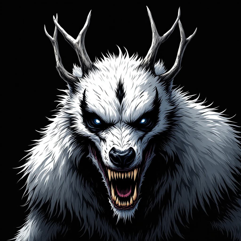 AI generated:  wendigo wolf creature, influenced by modern manga drawings, antlers, monster, scary, menacing, whit...