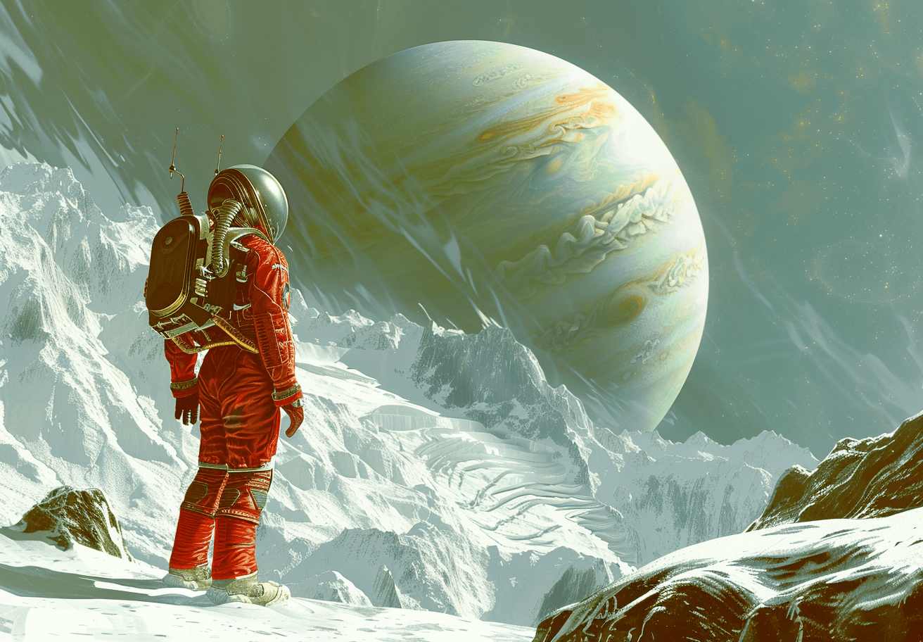 AI generated: photo of an alien space pilot, background is the planet Saturn and its rings in an icy landscape in ...