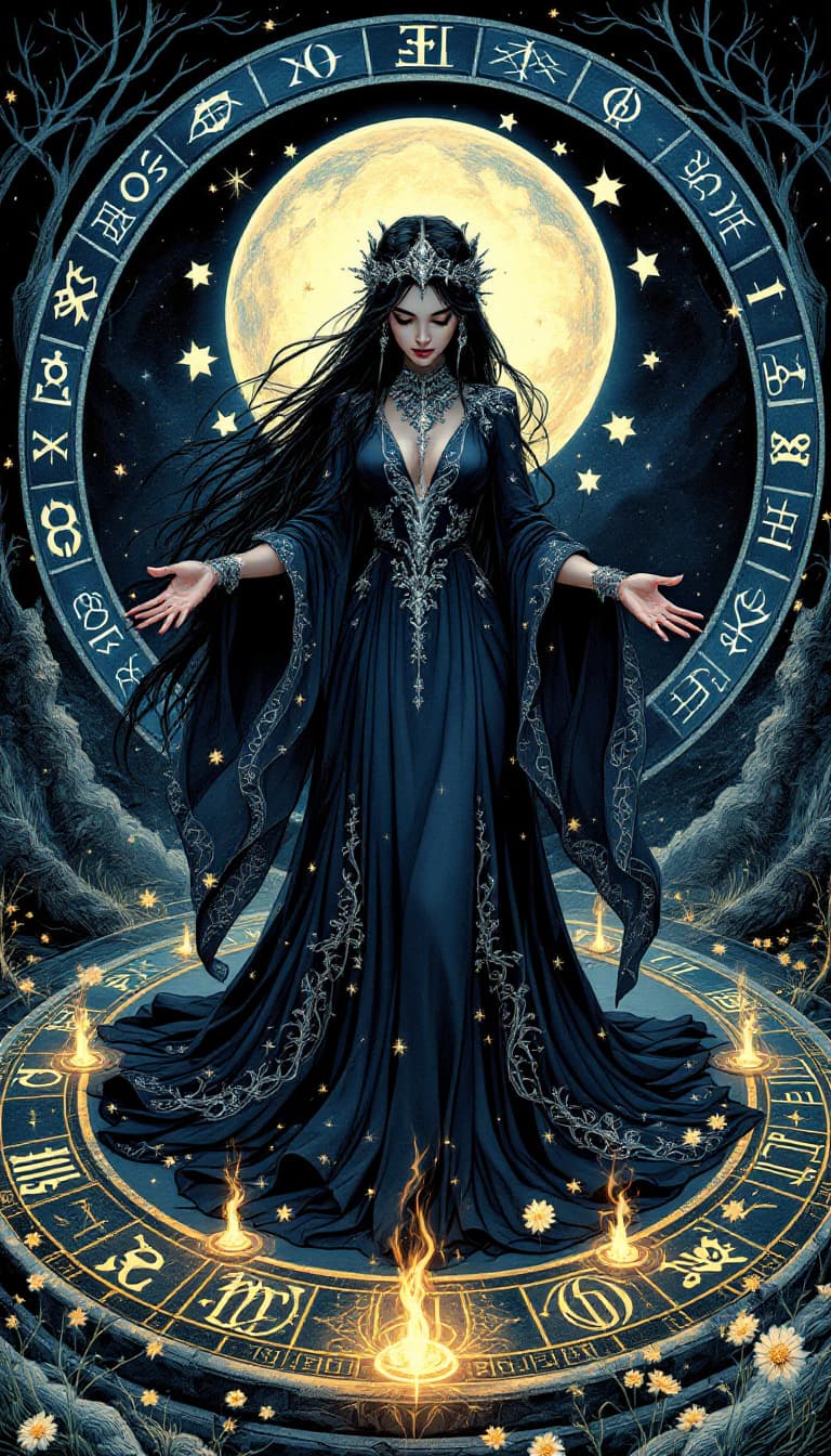 AI generated: A mesmerizing and elaborately detailed drawing of an ebony-haired witch, exuding grace as she perfor...