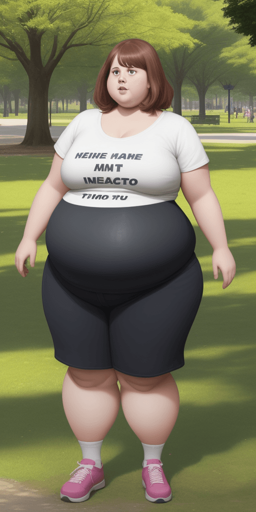 AI generated: A fat woman in a park with a large text 80% in front of her